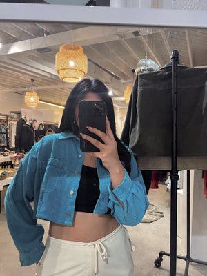 VINTAGE CORDUROY CROPPED JACKET // CYAN